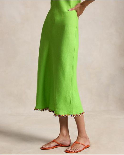 Polo Ralph Lauren Green Beaded-Trim Linen Slip Dress