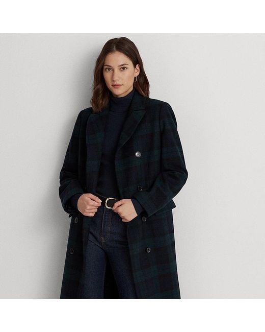 Lauren by Ralph Lauren Blue Ralph Lauren Black Watch Plaid Double-breasted Coat