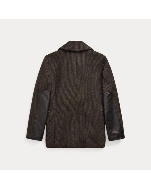 RRL Black Leather-trim Wool-cotton Peacoat for men