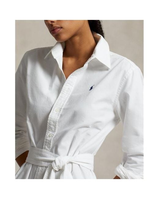 Polo Ralph Lauren White Belted Cotton Oxford Shirtdress