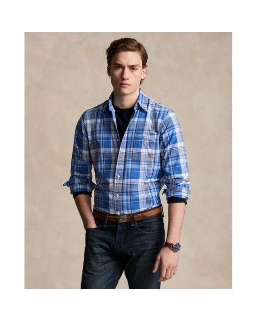 Polo Ralph Lauren Blue Custom Fit Plaid Oxford Shirt for men