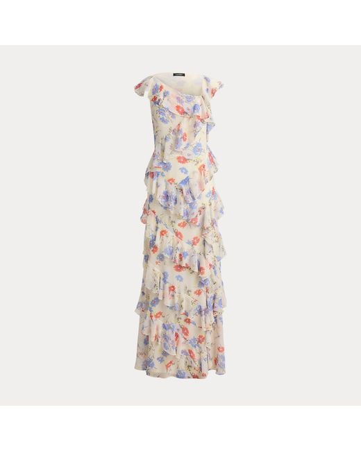 Ralph Lauren Natural Floral Ruffle-Trim Georgette Tiered Gown
