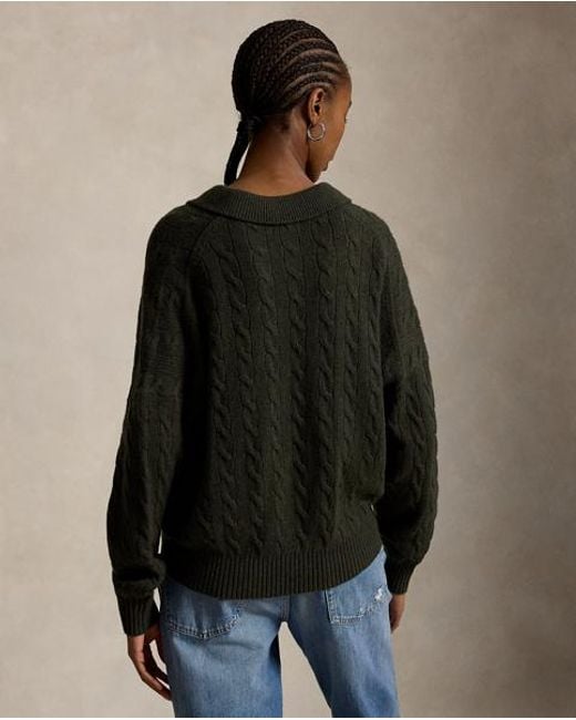 Polo Ralph Lauren Black Cable Wool-Cashmere Polo-Collar Jumper