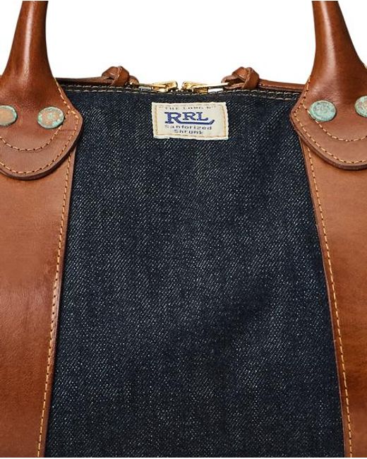 RRL Blue Leather-Trim Denim Duffel for men