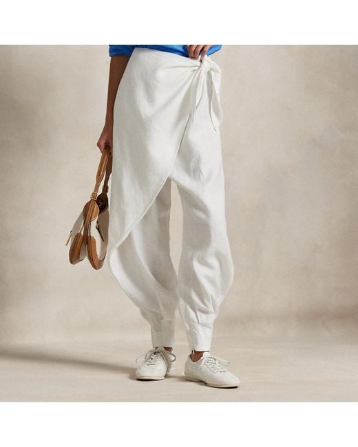Polo Ralph Lauren White Linen Wide-Leg Tapered Wrap Trouser