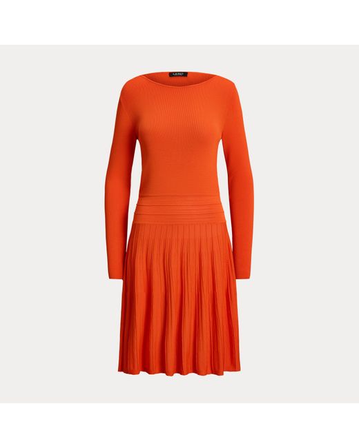Ralph Lauren Red Pleated Fit-And-Flare Boatneck Dress