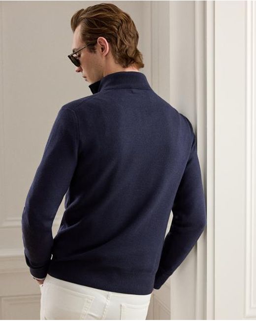 Ralph Lauren Blue Piqué-Knit Wool Quarter-Zip Sweater for men
