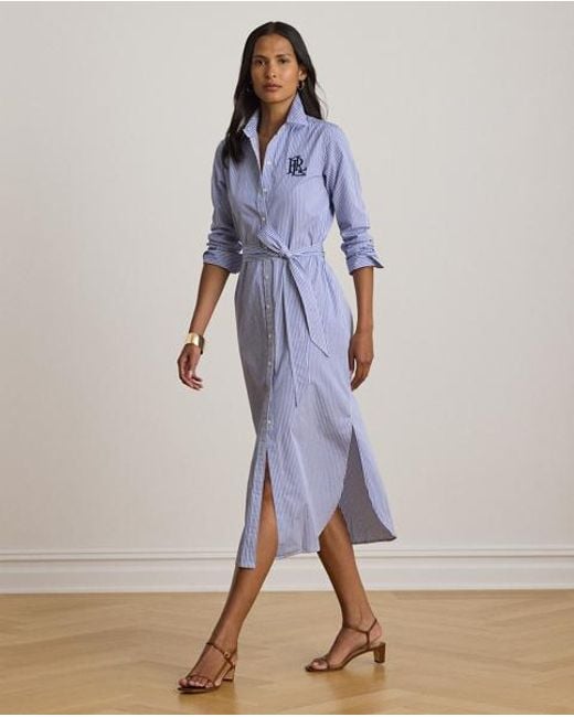 Ralph Lauren Blue Striped Cotton Broadcloth Shirtdress