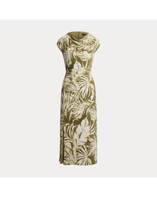 Ralph Lauren Metallic Palm-Frond-Print Jersey Cowlneck Dress