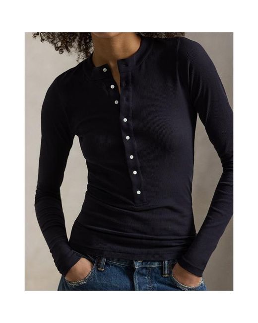 Maglietta serafino a coste in cotone di Ralph Lauren in Blue