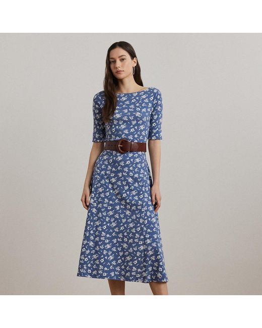 Ralph Lauren Blue Floral Stretch Cotton Midi Dress