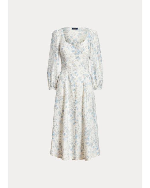 Ralph Lauren Linnen Midi-jurk Met Bloemenprint in het Blue