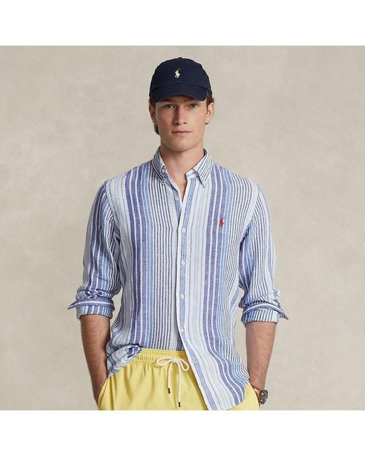 Polo Ralph Lauren Blue Custom Fit Striped Linen Shirt for men