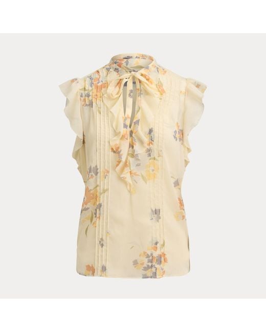 Ralph Lauren Natural Floral Pintucked Tie-Neck Blouse