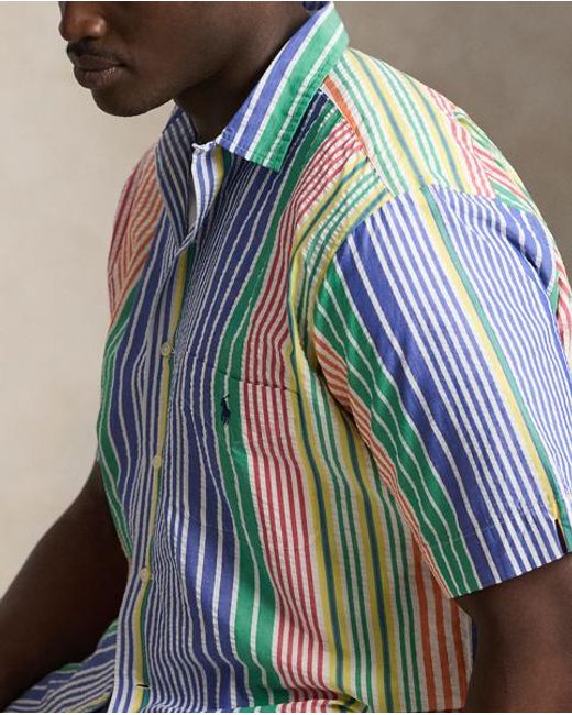 Ralph Lauren Blue Striped Seersucker Camp Shirt for men