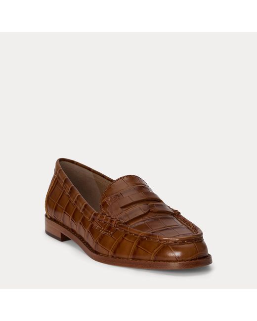 Ralph Lauren Brown Wynnie Crocodile-Embossed Leather Loafer