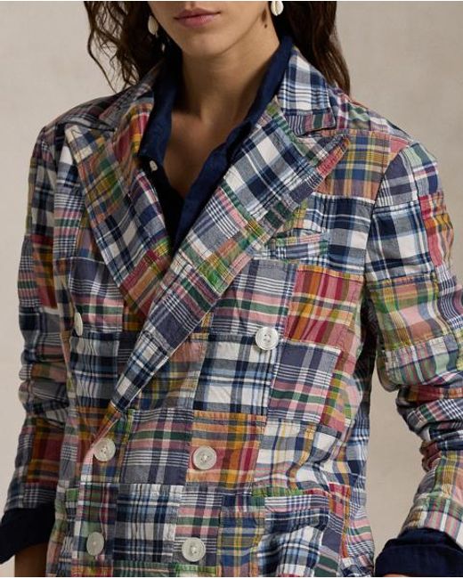 Polo Ralph Lauren Blue Karierter Zweireihiger Baumwollblazer