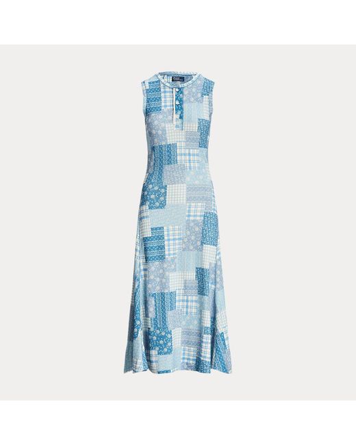 Polo Ralph Lauren Blue Doppellagiges ärmelloses Patchwork-Kleid