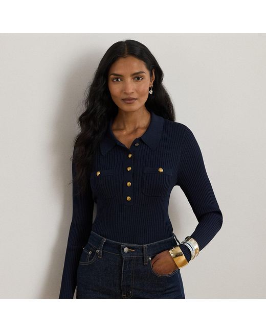 Ralph Lauren Blue Rib-Knit Long-Sleeve Polo Sweater