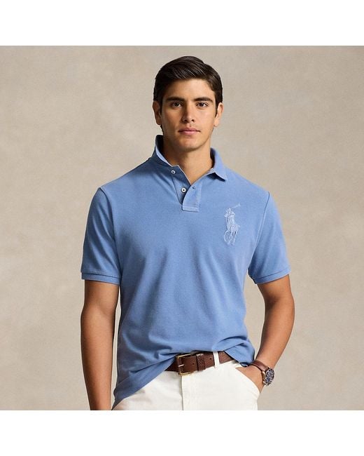 Ralph Lauren Blue Classic Fit Big Pony Mesh Polo Shirt for men