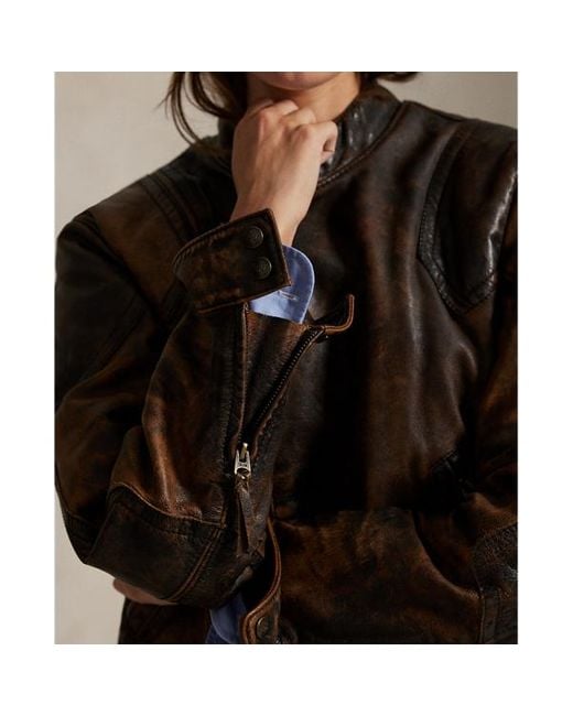Giacca biker in pelle consumata di Polo Ralph Lauren in Brown