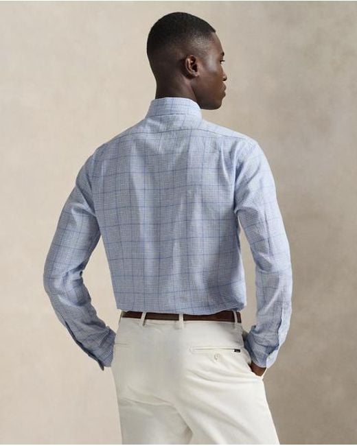 Polo Ralph Lauren Blue Custom Fit Checked Linen-Blend Shirt for men