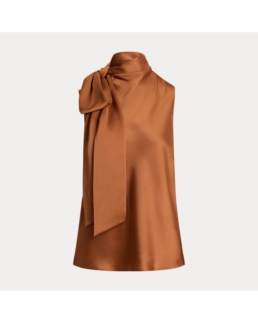Ralph Lauren Brown Tie-Neck Charmeuse Sleeveless Blouse
