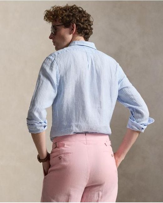Polo Ralph Lauren Blue Slim Fit Striped Linen Shirt for men