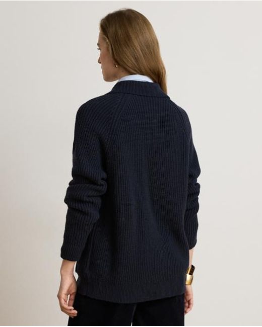 Ralph Lauren Blue Wool-Blend Rib-Knit Collared Cardigan