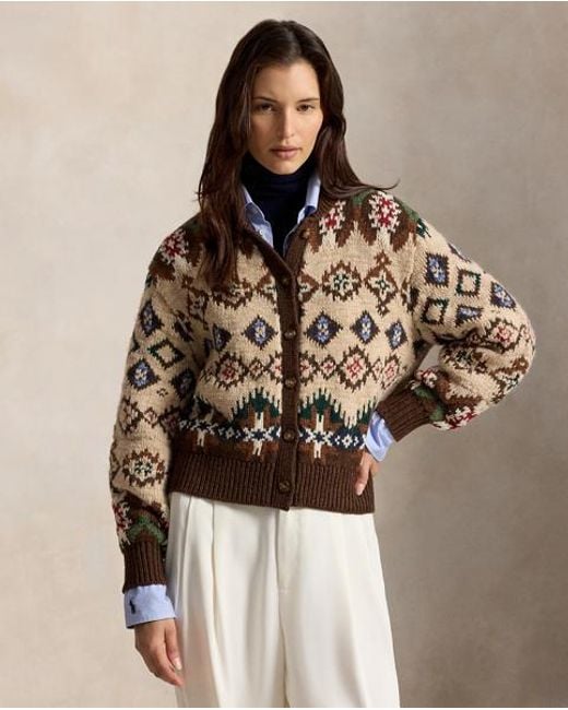 Polo Ralph Lauren Brown Geo-Pattern Wool-Cashmere Cardigan