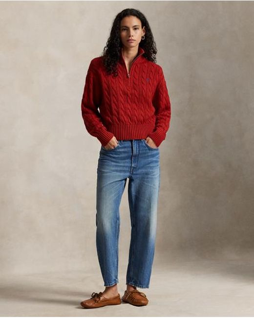 Polo Ralph Lauren Red Cable-Knit Cotton Quarter-Zip Sweater