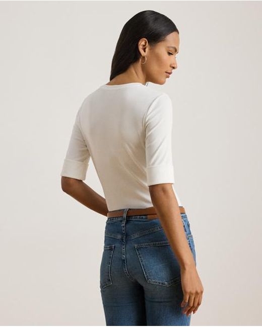 Ralph Lauren White Stretch Cotton Elbow-Sleeve V-Neck Tee