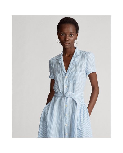 Ralph Lauren Belted Linen Midi Dress In Blue/white - Size 14 | Lyst