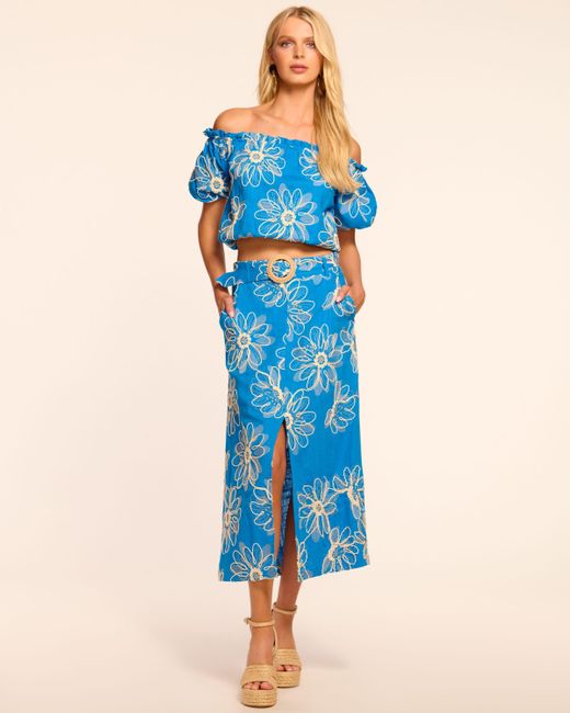 Ramy Brook Blue Bowie Embroidered Belted Midi Skirt