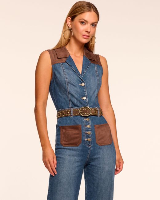 Ramy Brook Blue Claudette Fauxe Suede Trim Denim Jumpsuit