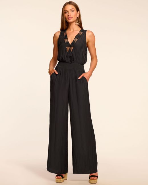 Ramy Brook Black Nayeli Smocked V-Neck Embroidered Jumpsuit