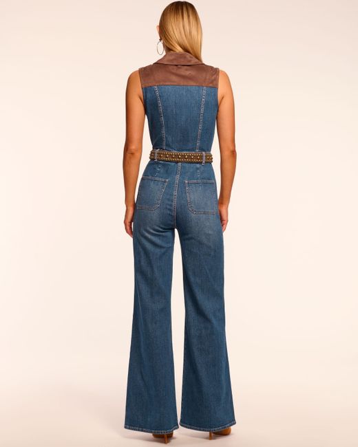 Ramy Brook Blue Claudette Fauxe Suede Trim Denim Jumpsuit
