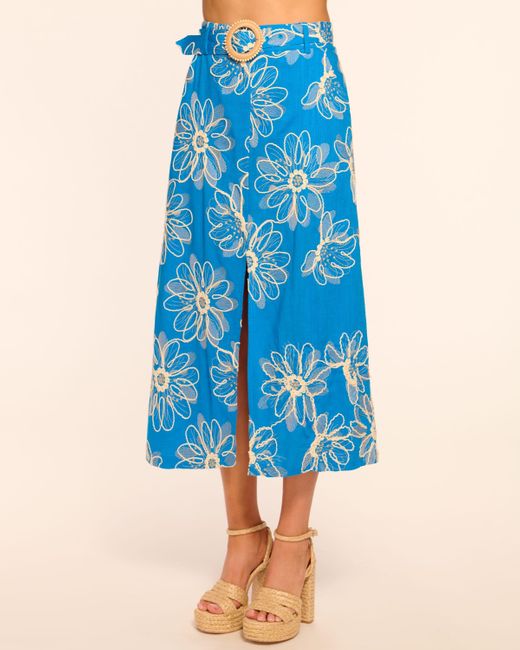 Ramy Brook Blue Bowie Embroidered Belted Midi Skirt