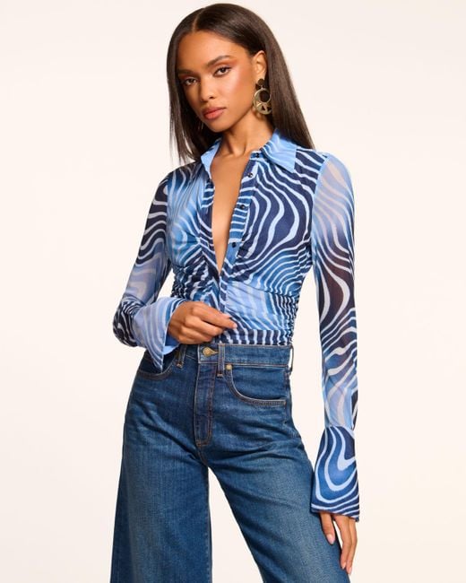 Ramy Brook Talisa Long Sleeve Button Down Mesh Top in Blue | Lyst
