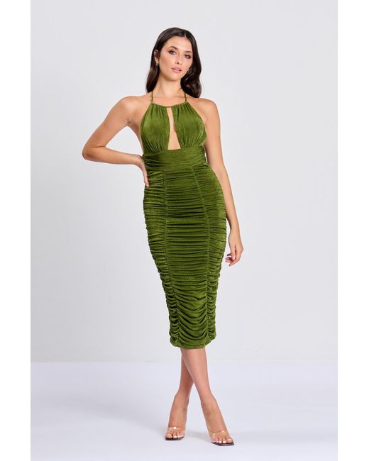 Rare London Synthetic Green Cut Out Ruched Midi Dress | Lyst