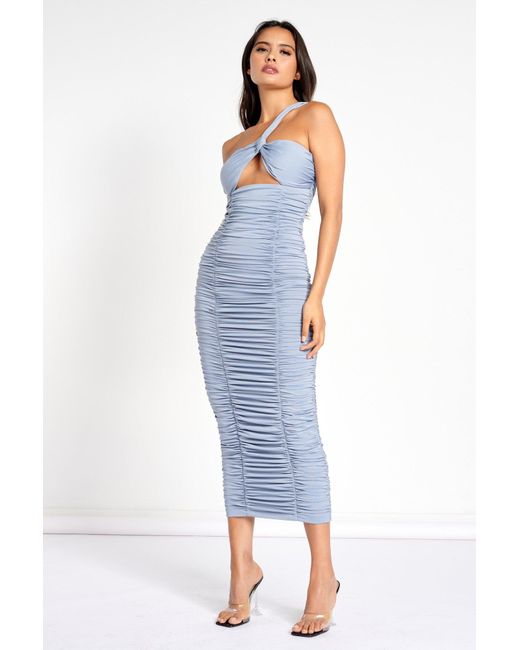 Rare London Synthetic Powder Blue Cut Out Ruched Drape Midi Dress - Lyst