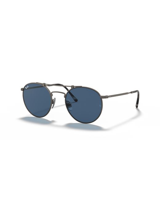 Ray-Ban Black Sunglasses Unisex Round Double Bridge Titanium - Pewter Frame Blue Lenses 50-21