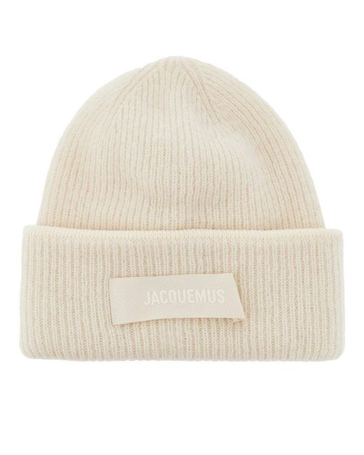 Jacquemus Natural Knitted Beanie Hat With Gros-Grain Logo for men
