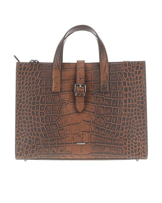 Emporio Armani Brown Croco-Embossed Leather Briefcase for men