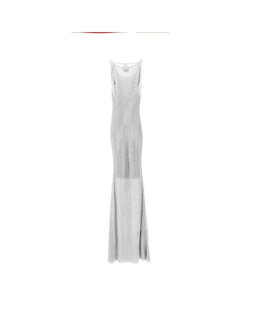 Pinko White Metallized Knit Long Dress