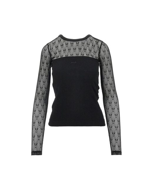 Pinko Black Ribbed Jersey And Love Birds Lace Top