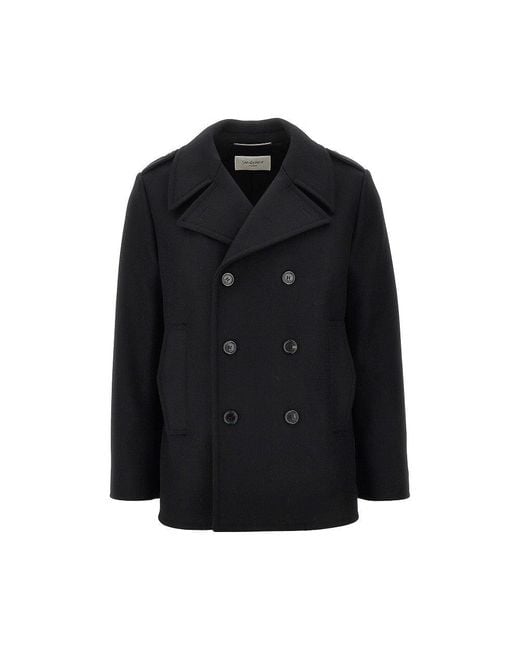 Saint Laurent Black Double-Breasted Wool Peacoat for men