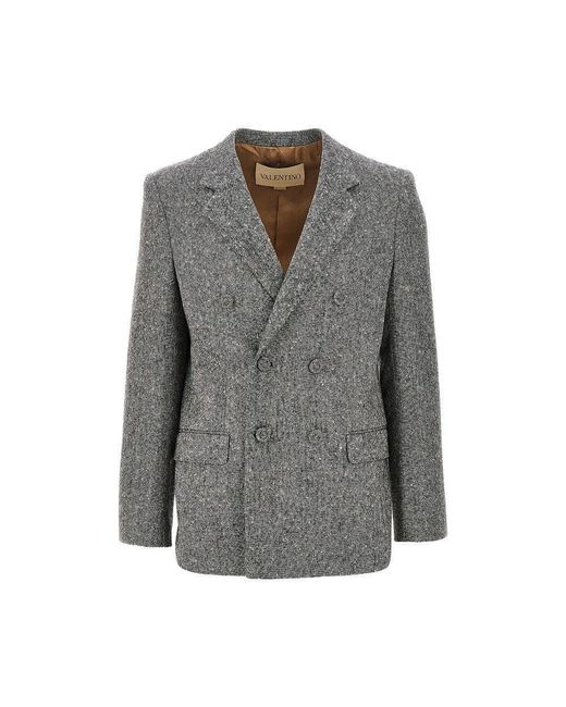 Valentino Gray Natté Buttoned Wool Double-Breasted Jacket for men