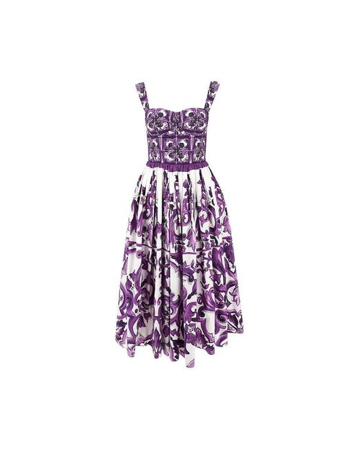 Dolce & Gabbana Purple Majolica Print Poplin Midi Dress