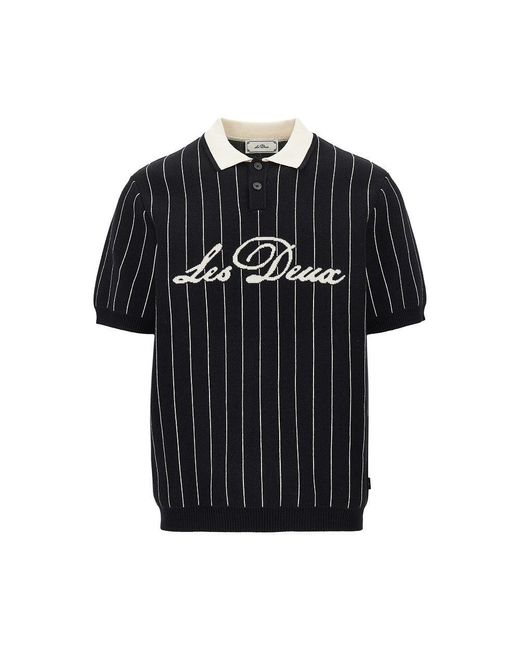 Les Deux Black Knitted Polo Shirt With Striped Motif for men
